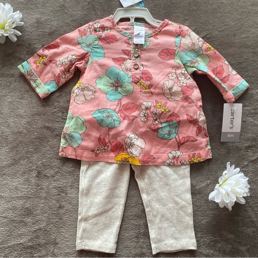 NWT Carter’s Baby Girl 3-Piece Floral Vest Set – Size 6 Months – Pink/Grey/Blue